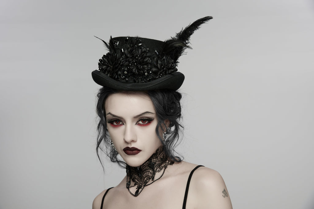 Punk Rave Goth Feather Formal Hat – Gothic Retro Style Wide-Brim Hat