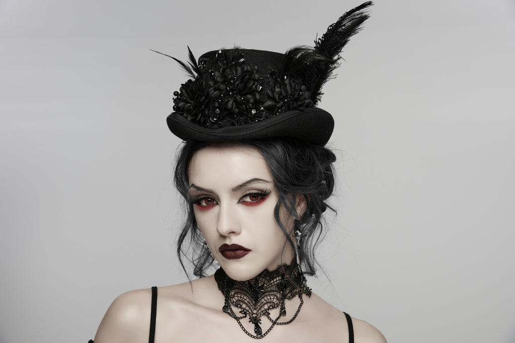 Punk Rave Goth Feather Formal Hat – Gothic Retro Style Wide-Brim Hat