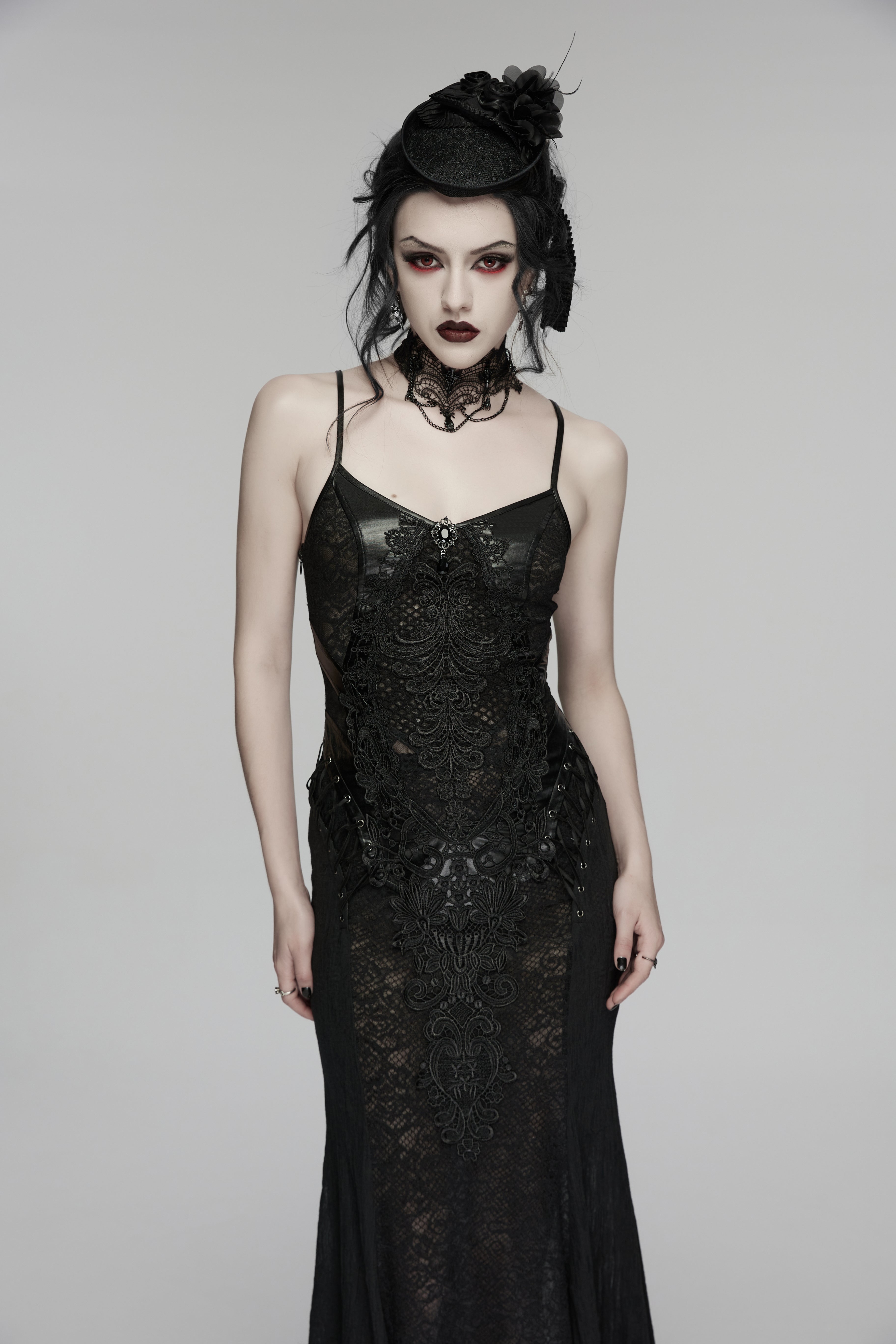 Punk Rave Goth Rose Ribbon Formal Hat – Black Linen Fabric Headpiece