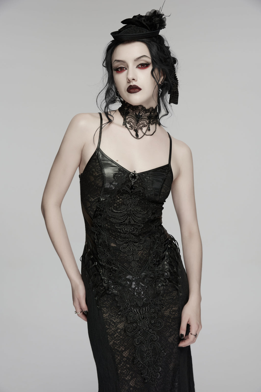 Punk Rave Goth Bat Necklace – Black Lace Victorian Choker with Chains