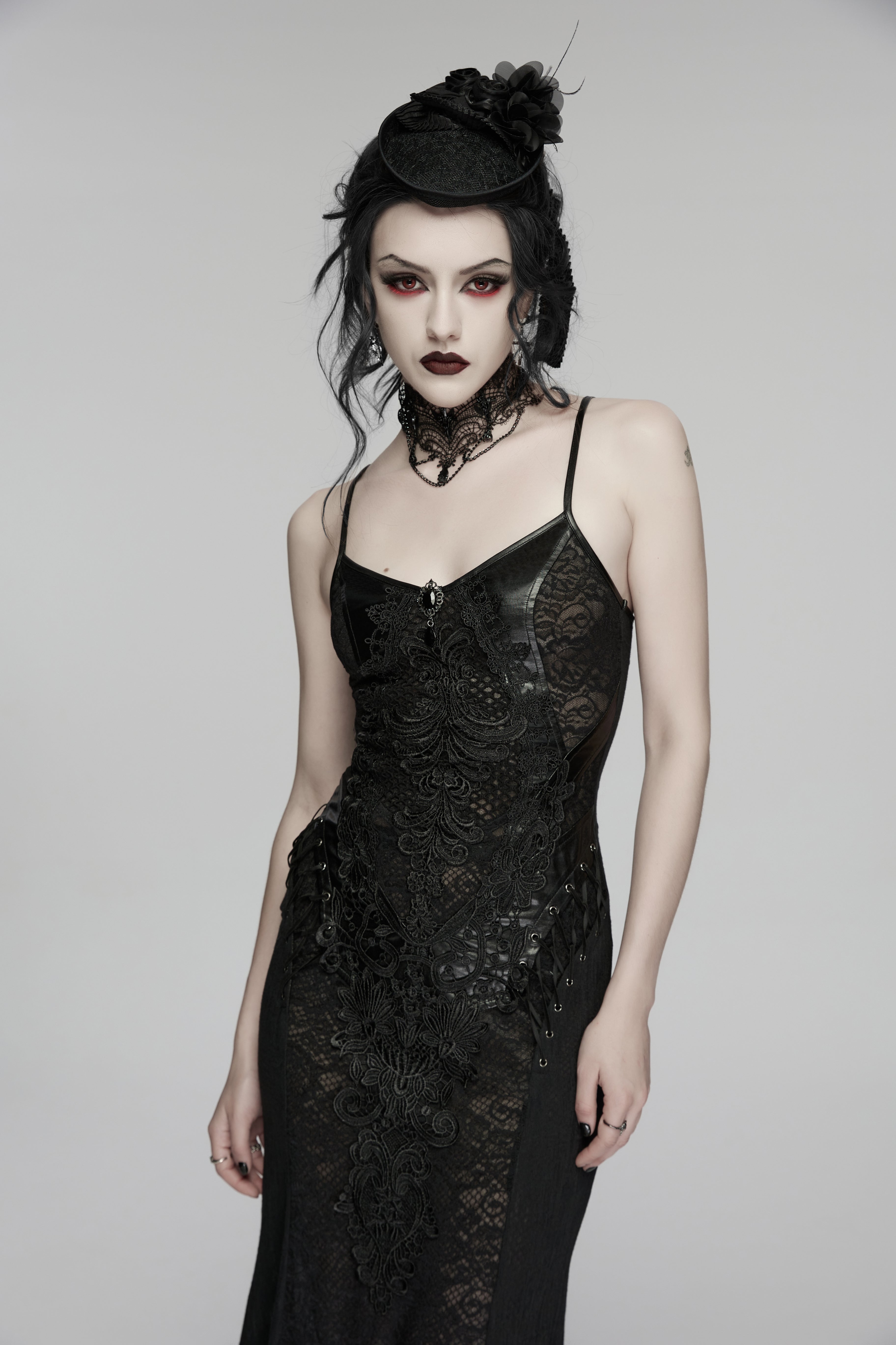 Punk Rave Goth Rose Ribbon Formal Hat – Black Linen Fabric Headpiece