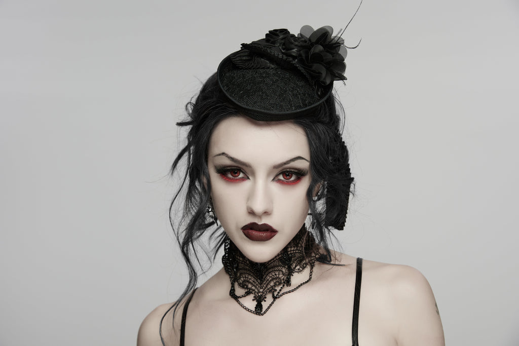 Punk Rave Goth Rose Ribbon Formal Hat – Black Linen Fabric Headpiece