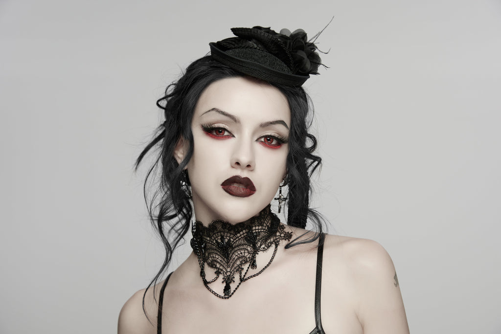 Punk Rave Goth Bat Necklace – Black Lace Victorian Choker with Chains
