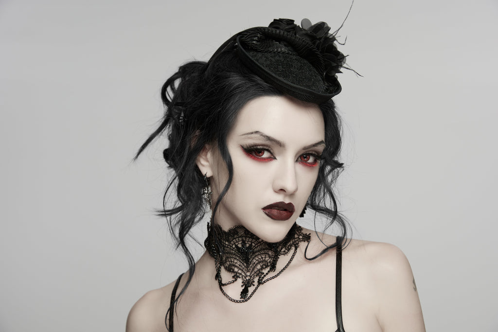 Punk Rave Goth Bat Necklace – Black Lace Victorian Choker with Chains
