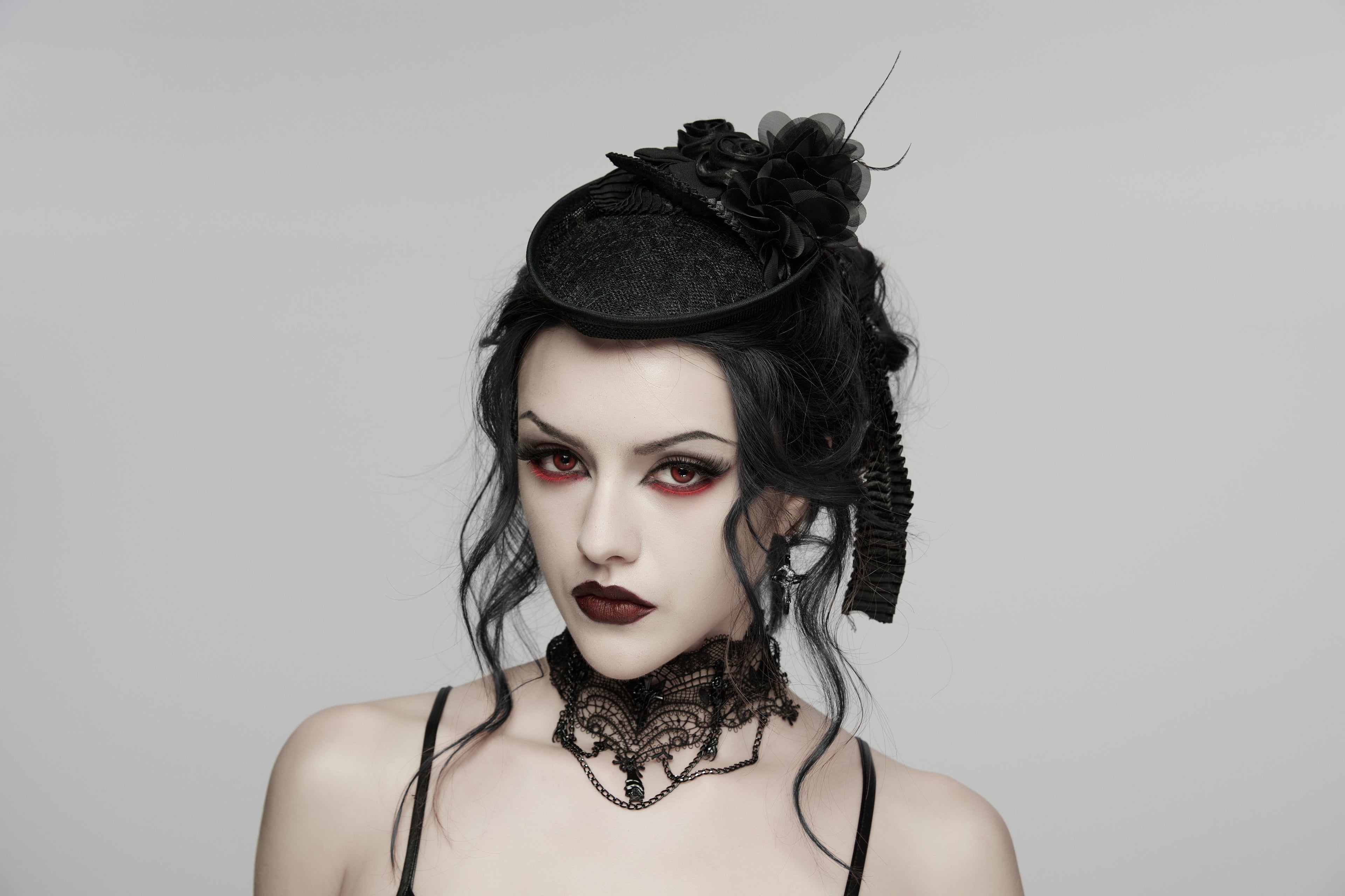 Punk Rave Goth Rose Ribbon Formal Hat – Black Linen Fabric Headpiece