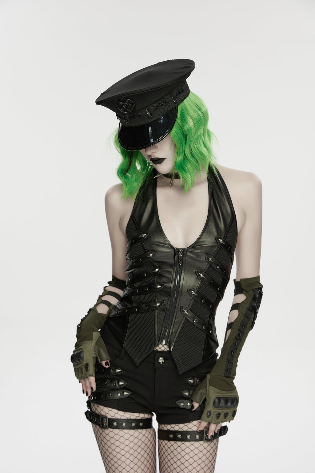 Punk Rave Malphas Dark Military Hat – Goth Pentagram Peaked Cap
