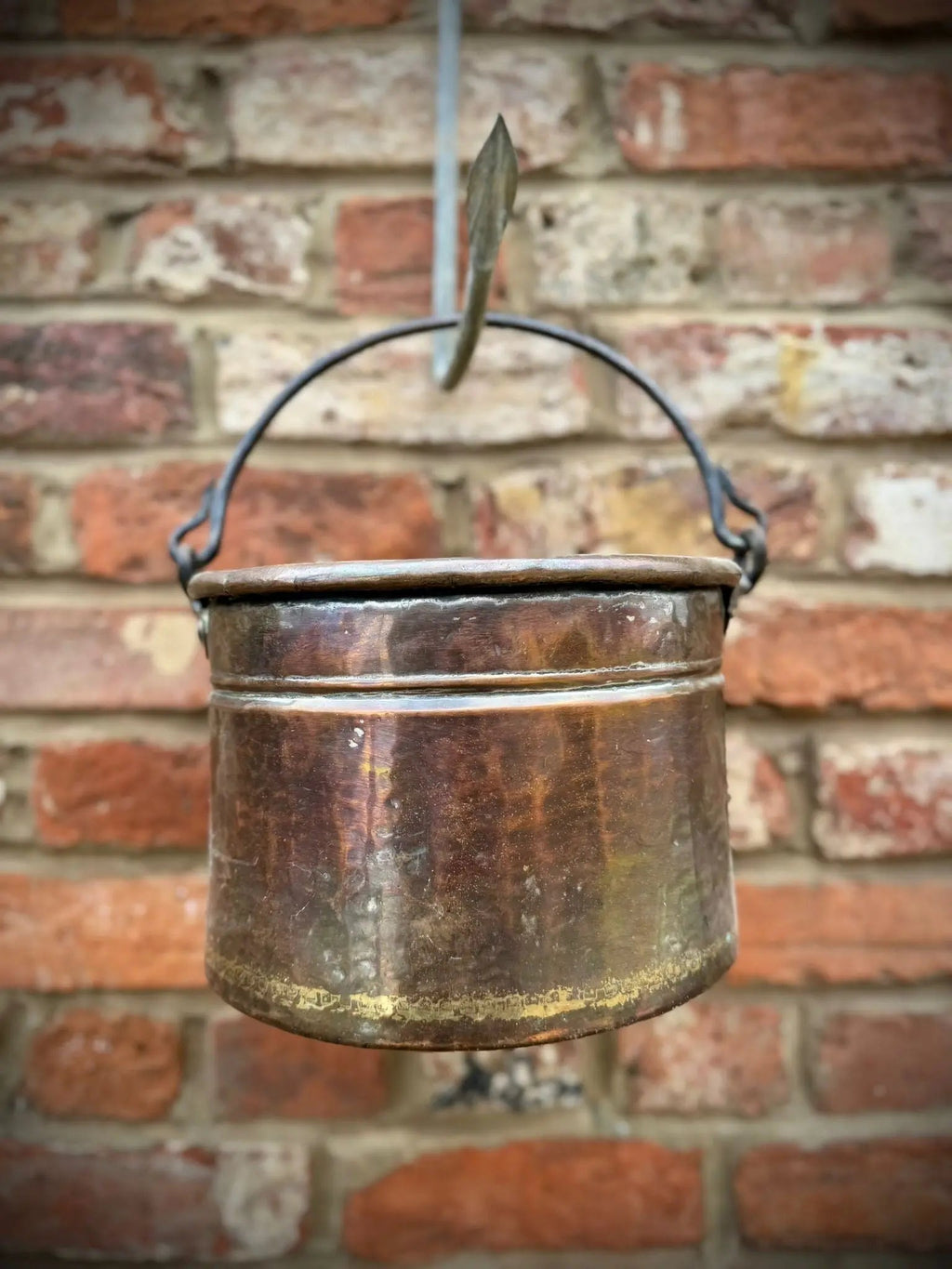 Antique Copper Cauldron Pot with Riveted Iron Handle & Dovetail Planter Pot  B