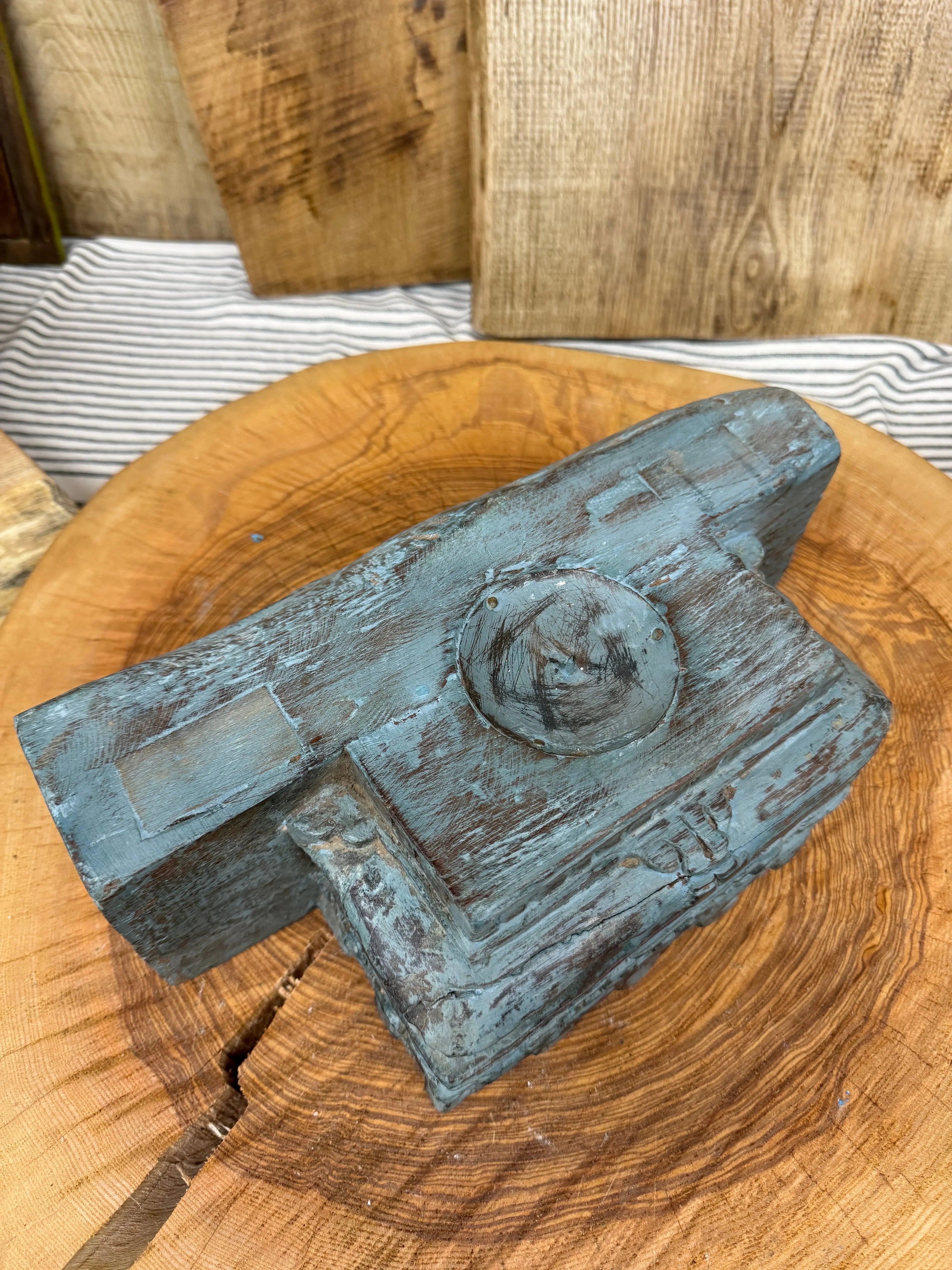 Indian Pillar Candle Holder – Rustic Reclaimed Wood Base in Dark Blue
