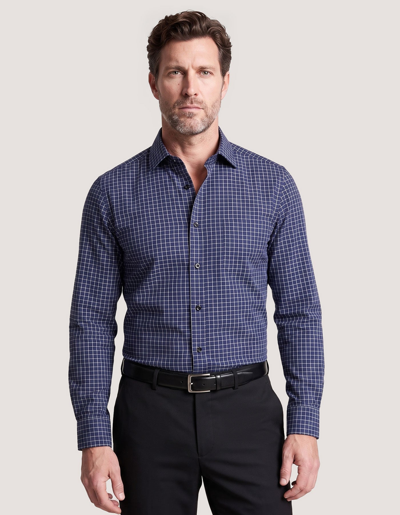 Smart Fit Navy Cotton Check Shirt