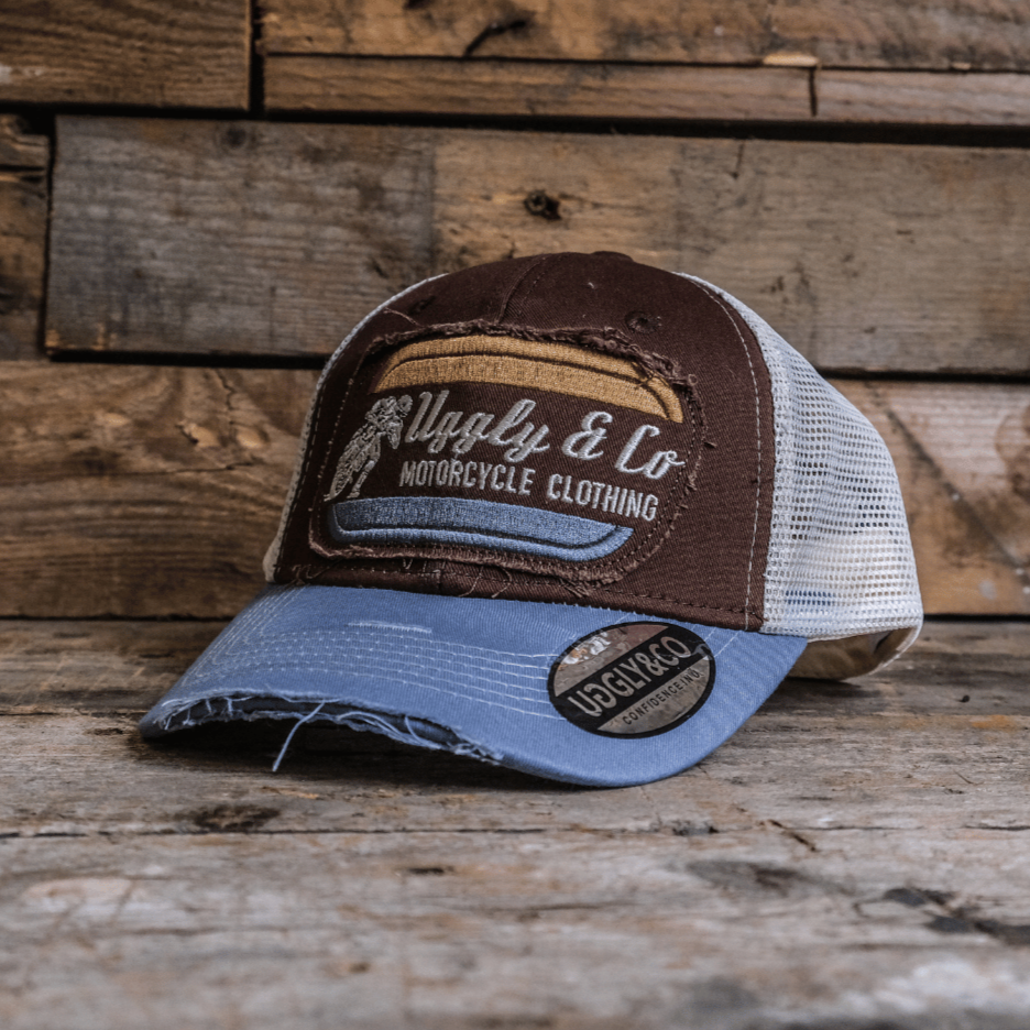 Uggly and Co Flat Track Trucker Hat – Dusty Blue and Brown Vintage Cap