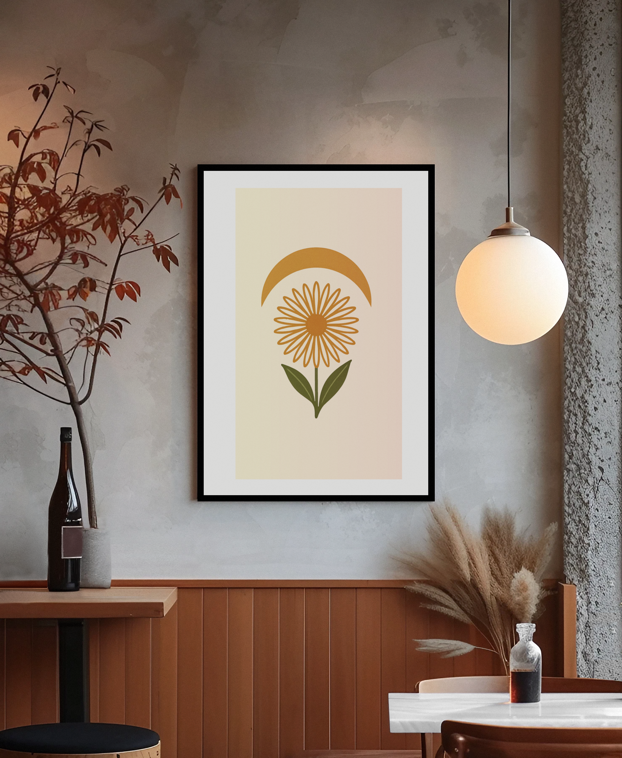 Minimal Flower & Crescent Print - Boho Botanical Poster | Earthy Modern Wall Art