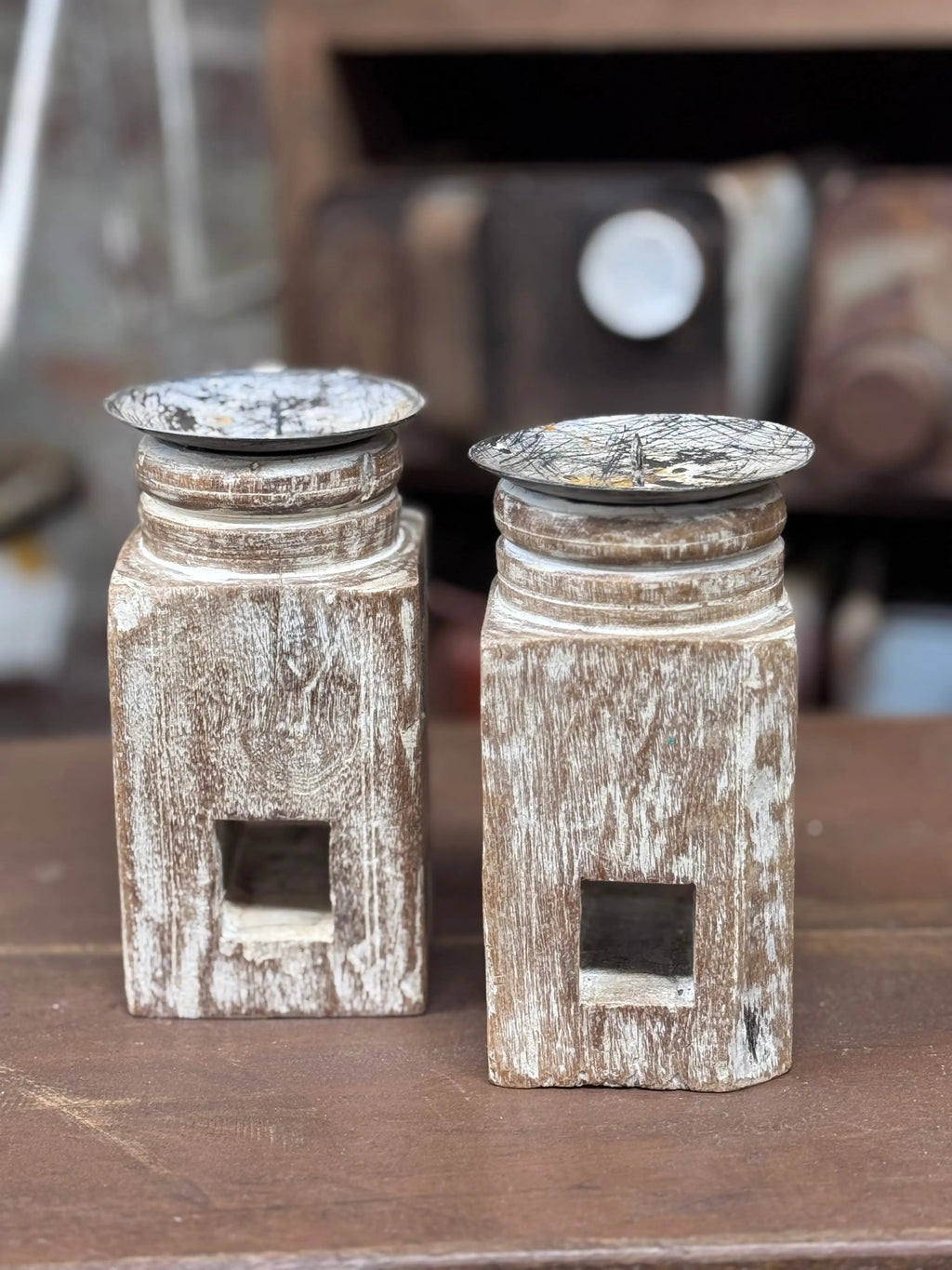 Pair Of Rustic Wooden Candle Holders / Large Church Candle Candlesticks /A