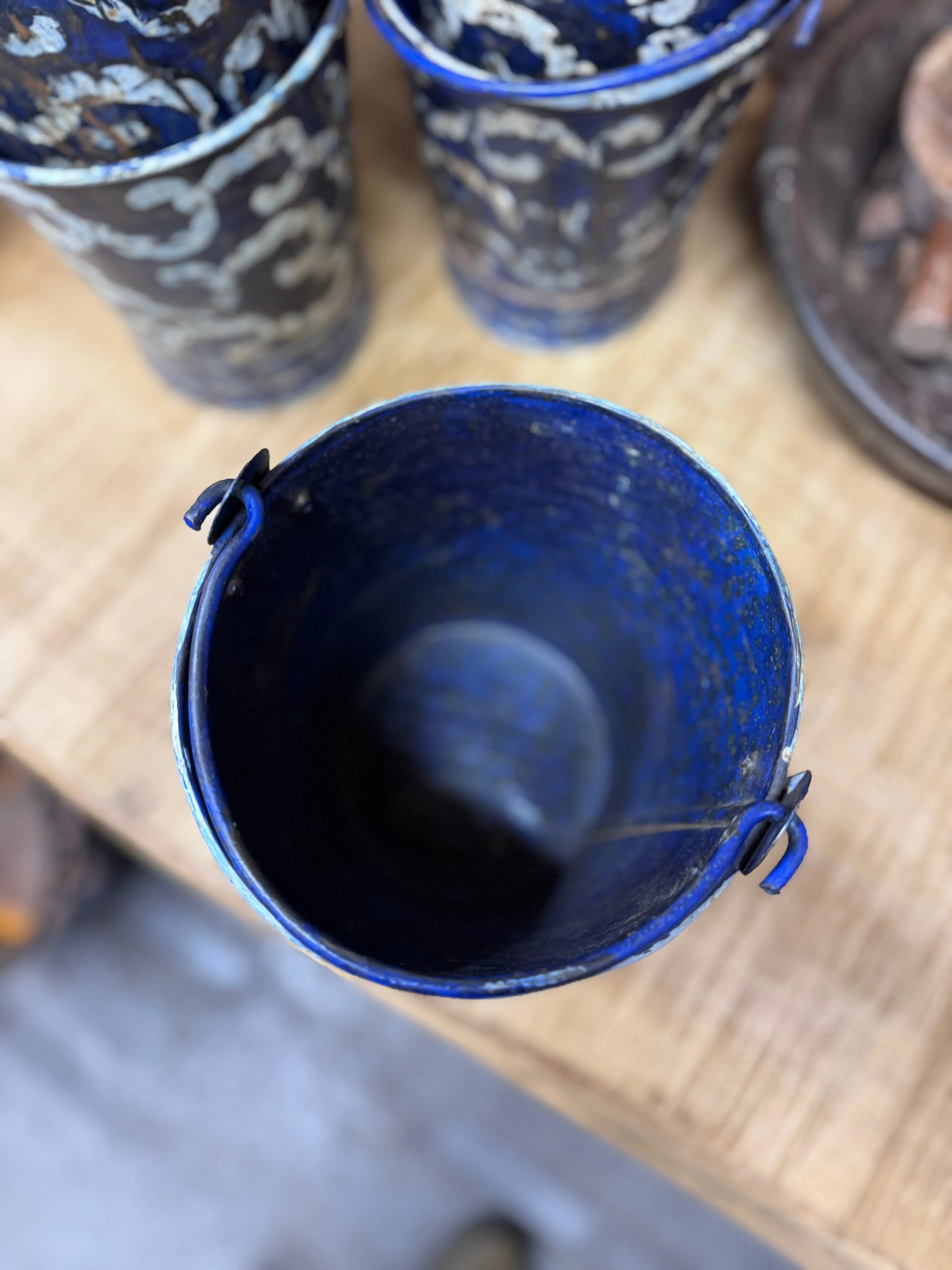 Vintage Blue Metal Plant Pot Bucket Rustic Herb Planter Indoor Outdoor Decor
