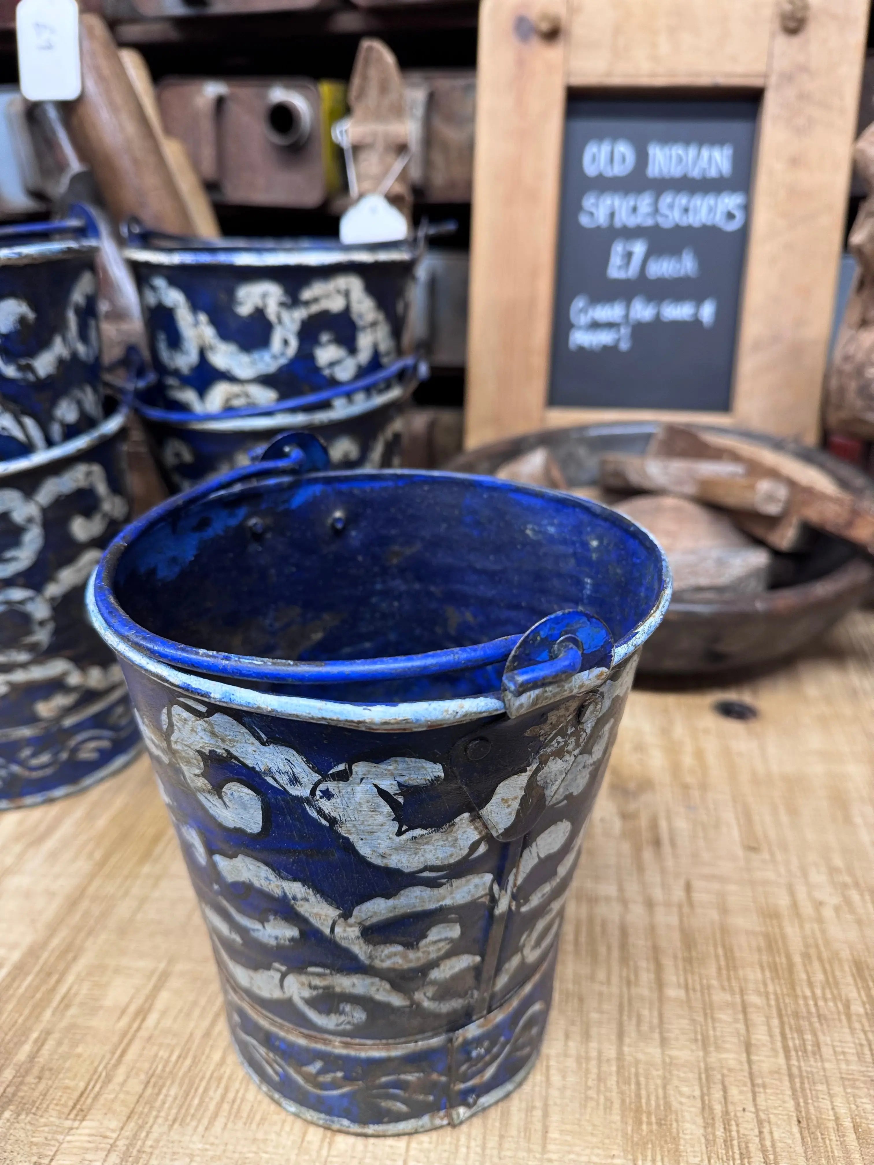 Vintage Blue Metal Plant Pot Bucket Rustic Herb Planter Indoor Outdoor Decor