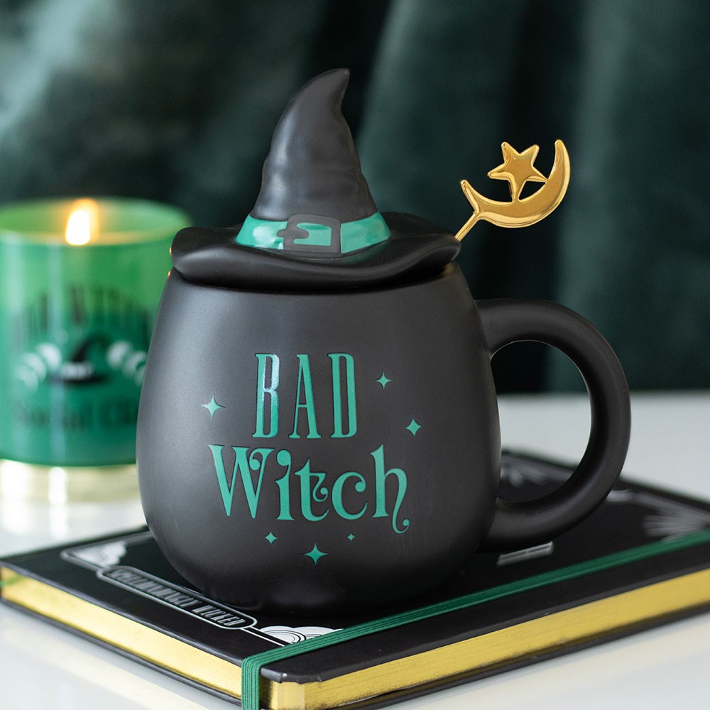 Gothic Gifts Witch Cauldron Mug with Hat Lid and Crescent Moon Spoon
