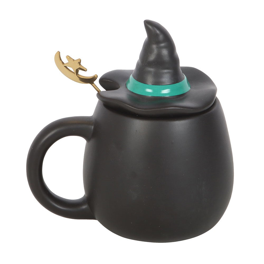 Gothic Gifts Witch Cauldron Mug with Hat Lid and Crescent Moon Spoon
