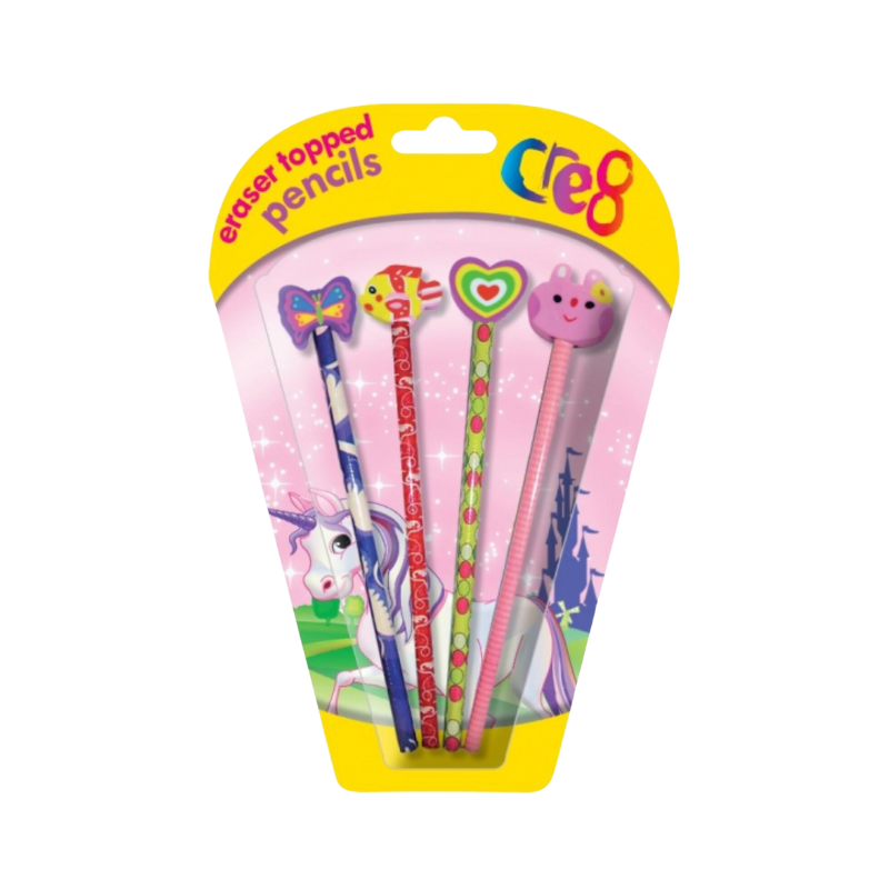 PoundFun Girls Eraser Topped Pencils | 4 Pack Novelty School Stationery