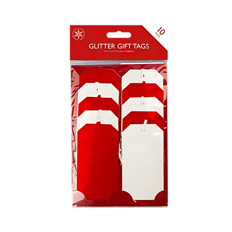 PoundFun Red Glitter Gift Tags – Festive Die-Cut Labels with Ribbon