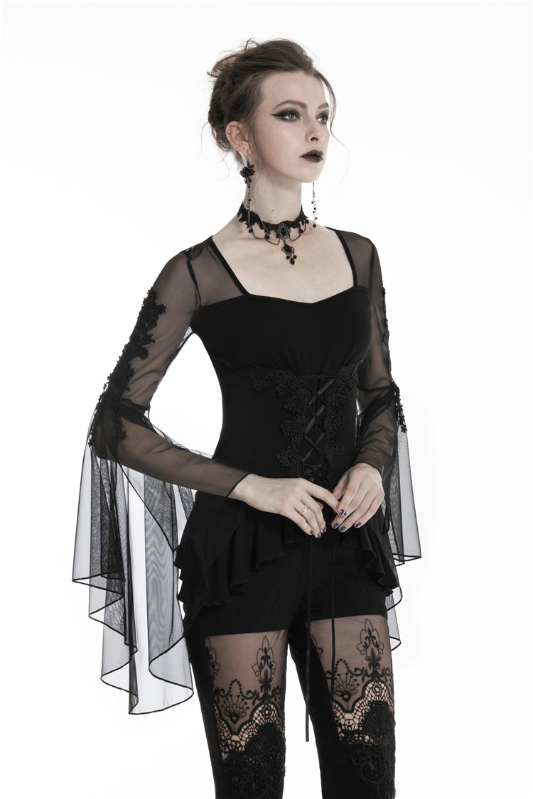 Dark In Love Aquarius Top – Gothic Lace Sweetheart Mesh Sleeve Shirt
