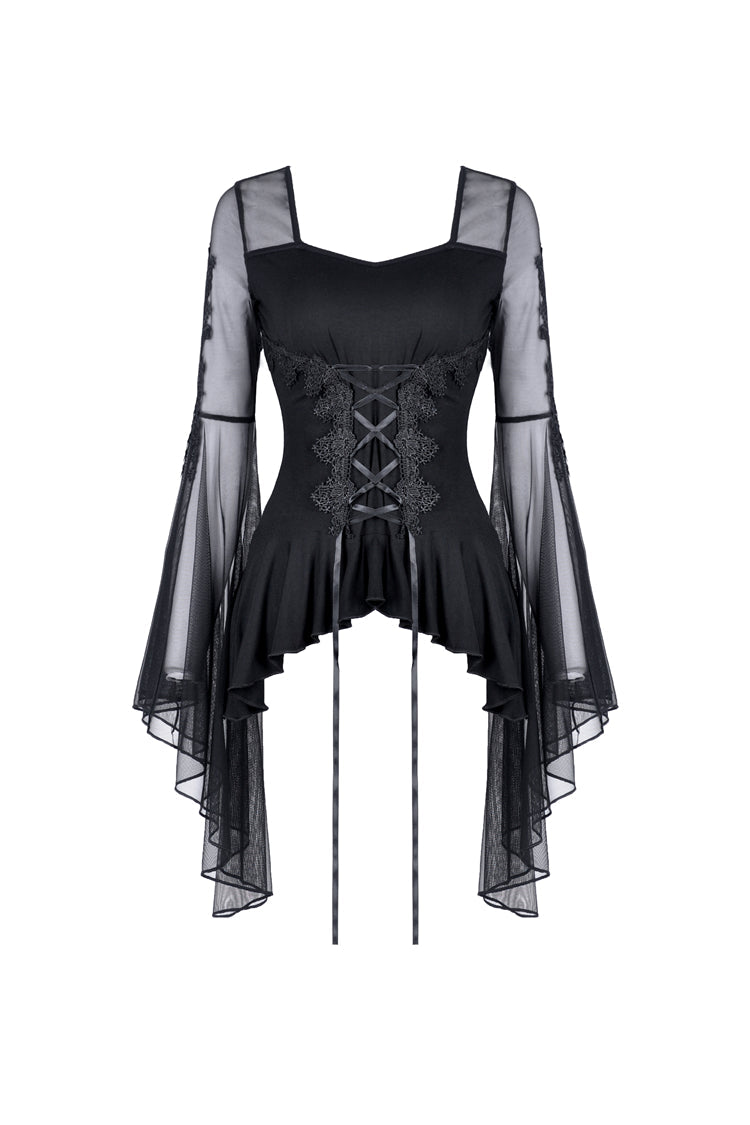 Dark In Love Aquarius Top – Gothic Lace Sweetheart Mesh Sleeve Shirt