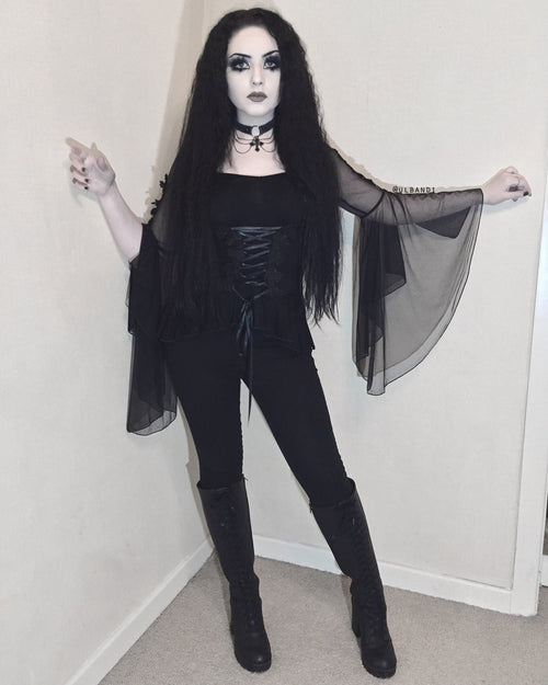 Dark In Love Aquarius Top – Gothic Lace Sweetheart Mesh Sleeve Shirt