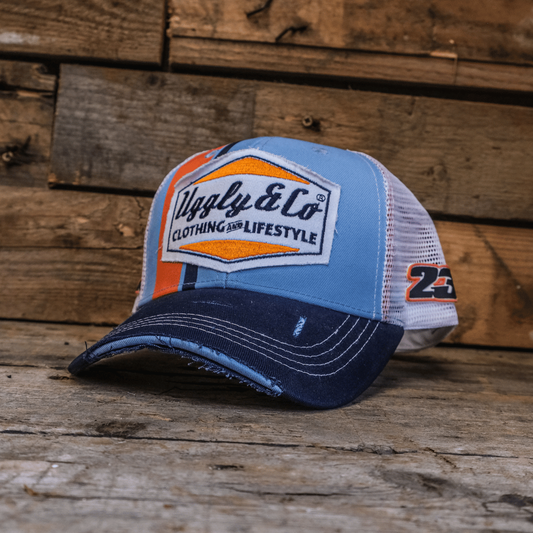 Uggly & Co Gulf Racing Trucker Hat – Retro Blue & Orange Diamond Cap