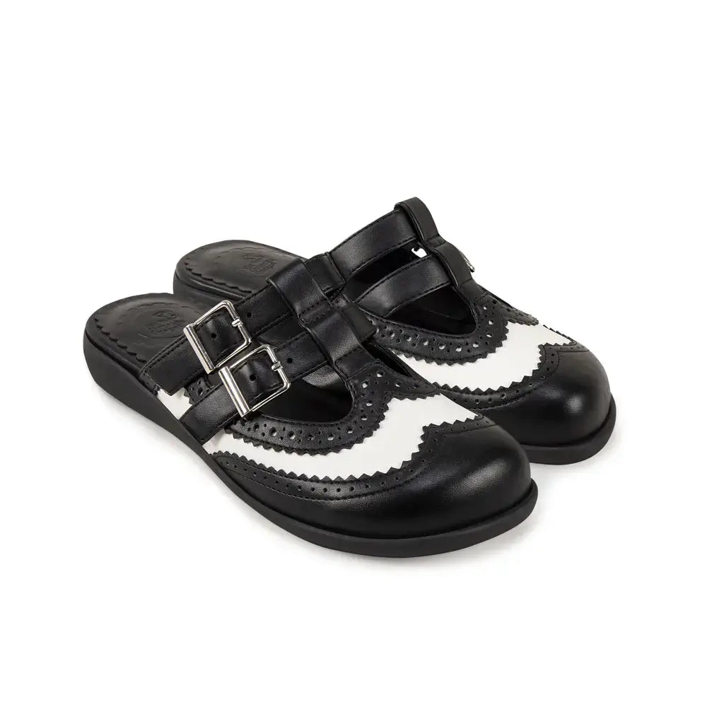 Chocolaticas Havana Clogs – Black & White Gothic Vegan Brogue Slip-Ons