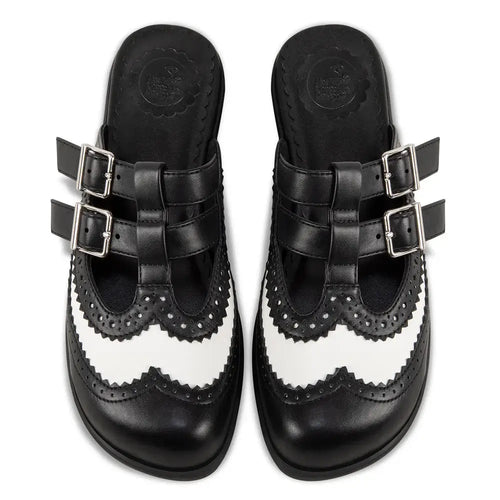 Chocolaticas Havana Clogs – Black & White Gothic Vegan Brogue Slip-Ons