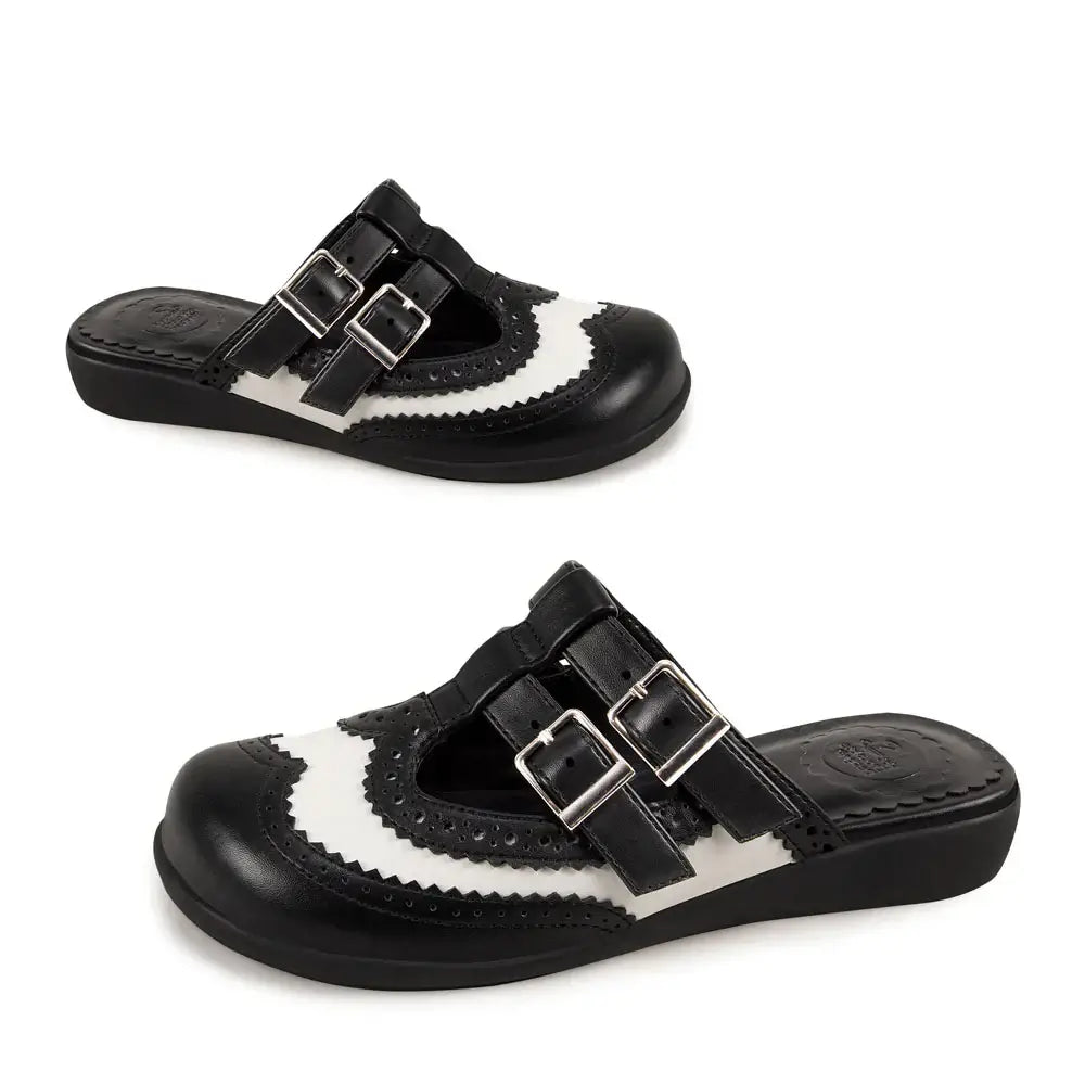 Chocolaticas Havana Clogs – Black & White Gothic Vegan Brogue Slip-Ons