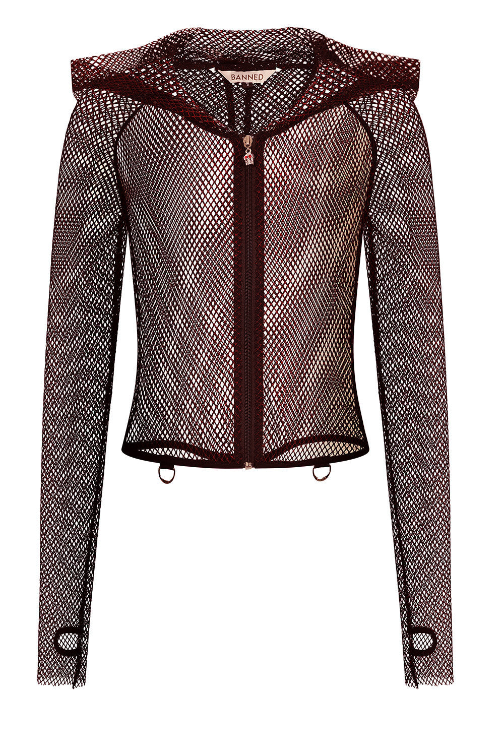 Banned Apparel Liora Red Metallic Fishnet Hoodie with Skull Zipper