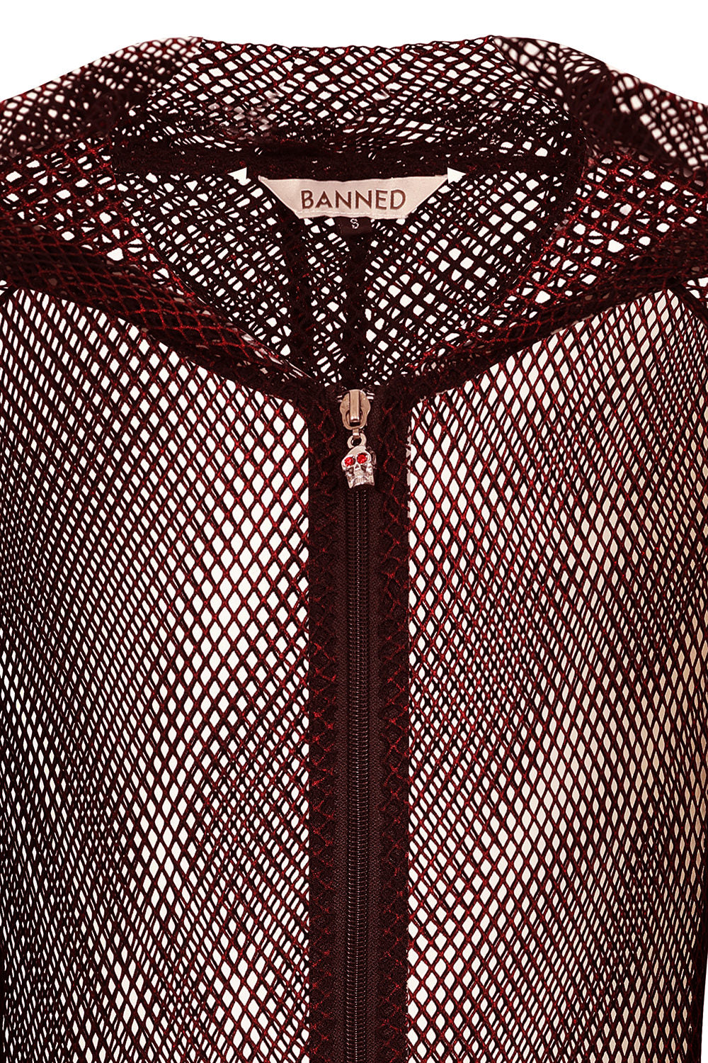 Banned Apparel Liora Red Metallic Fishnet Hoodie with Skull Zipper