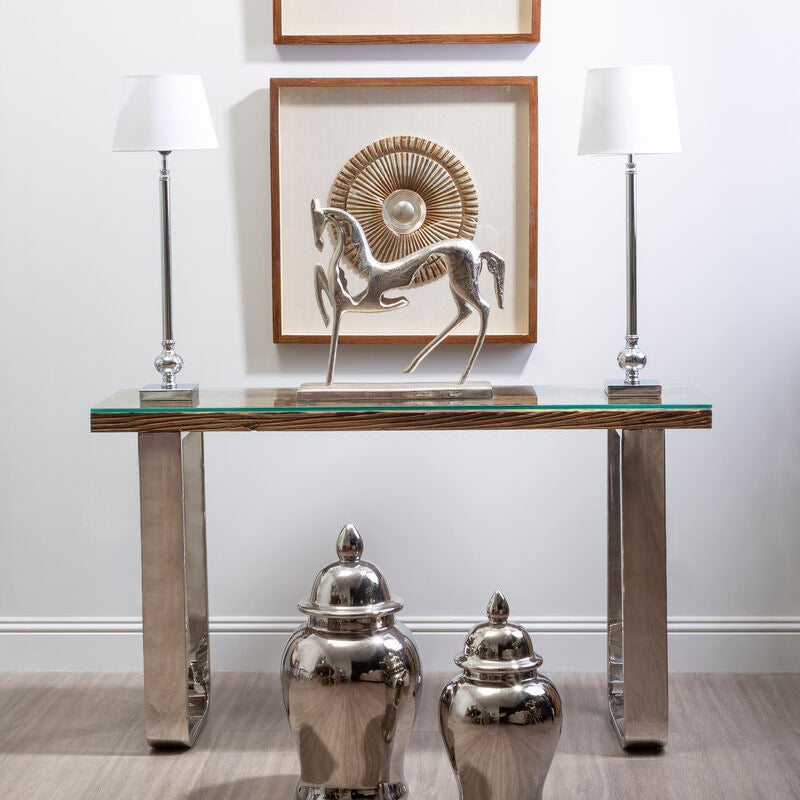 Orsina Kerala Console Table | Sal Wood and Glass with Silver Legs
