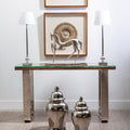 Orsina Kerala Console Table | Sal Wood and Glass with Silver Legs