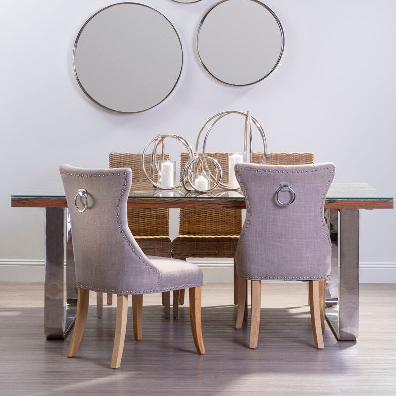 Orsina Sal Wood and Glass Dining Table | Silver U-Shaped Metal Legs