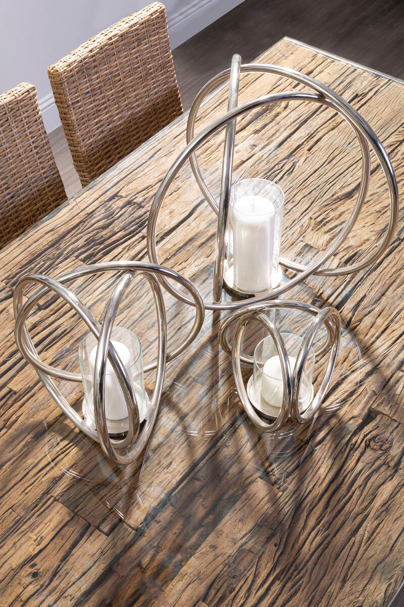 Orsina Sal Wood and Glass Dining Table | Silver U-Shaped Metal Legs