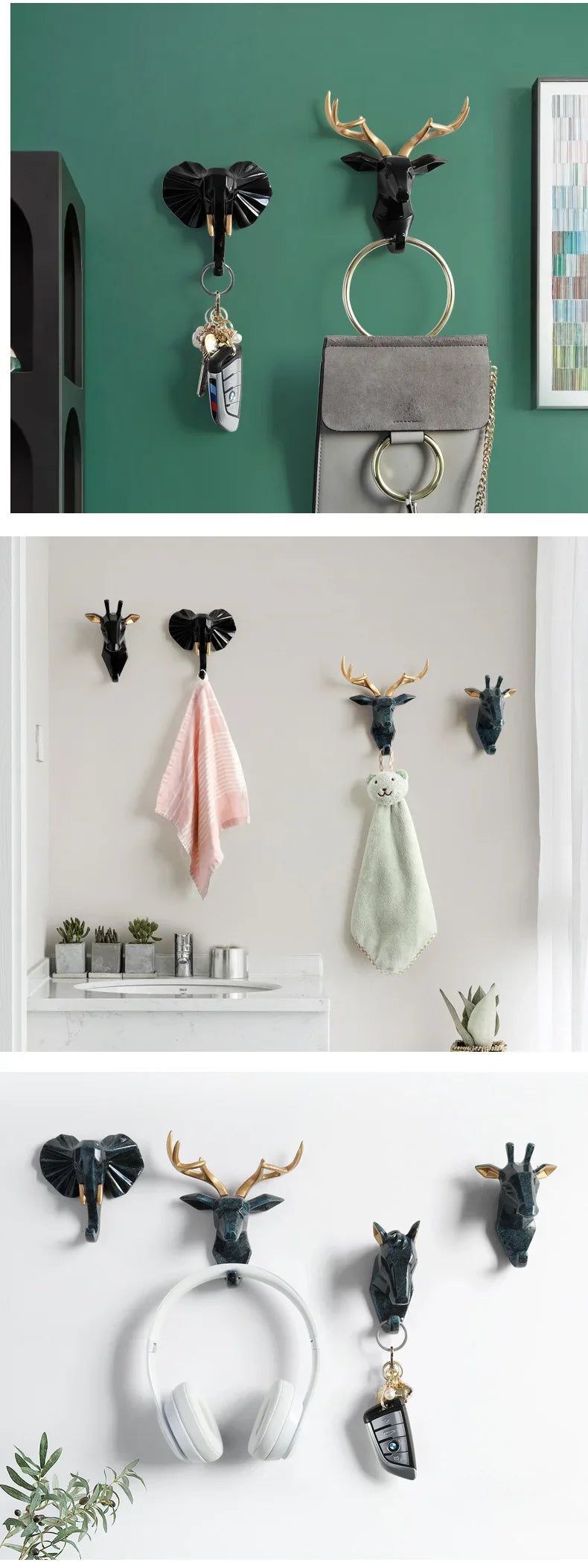 Geometric Animal Wall Hooks – Decorative Resin Key, Towel & Umbrella Hangers