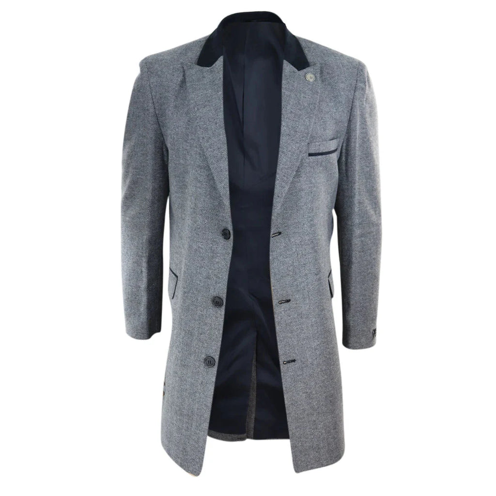Men's 3/4 Long Overcoat Jacket Herringbone Tweed Coat Peaky Blinders