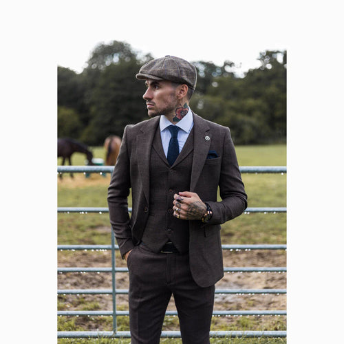 AK-06 - Men's Herringbone Tweed Brown 3 Piece Suit Wedding Blinders