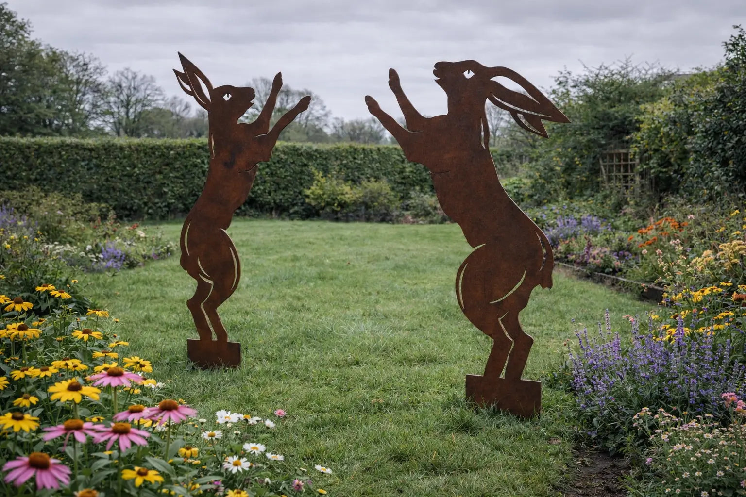 Rustic Warehouse Norfolk Metal Boxing Hares Garden Statues - Pair