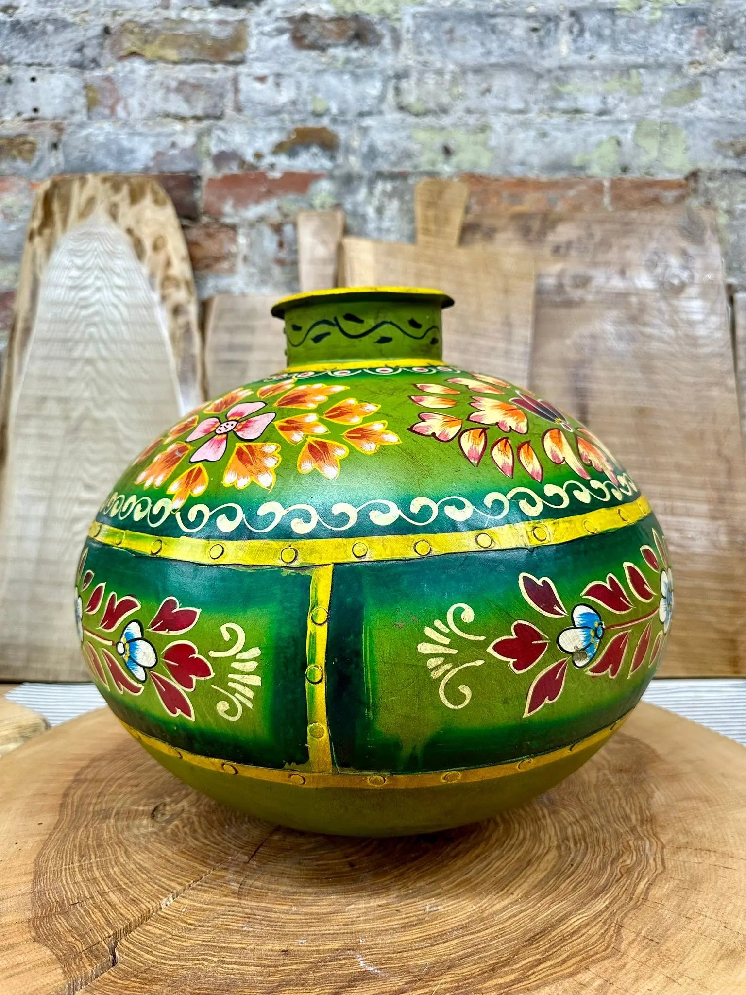 Vintage Indian Metal Water Pot – Hand Painted Rustic Planter Vase