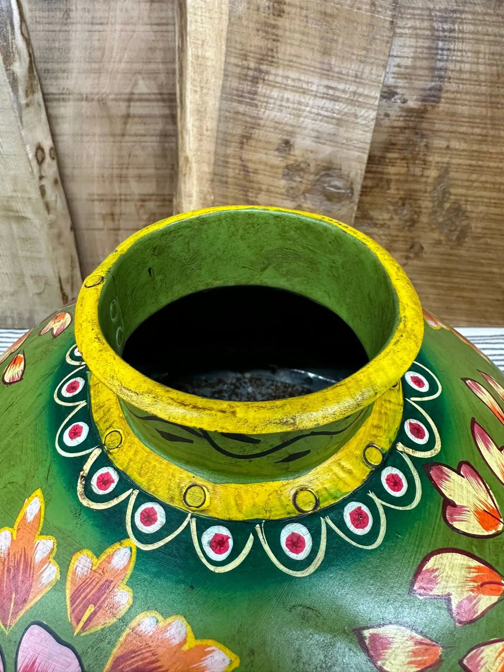 Vintage Indian Metal Water Pot – Hand Painted Rustic Planter Vase