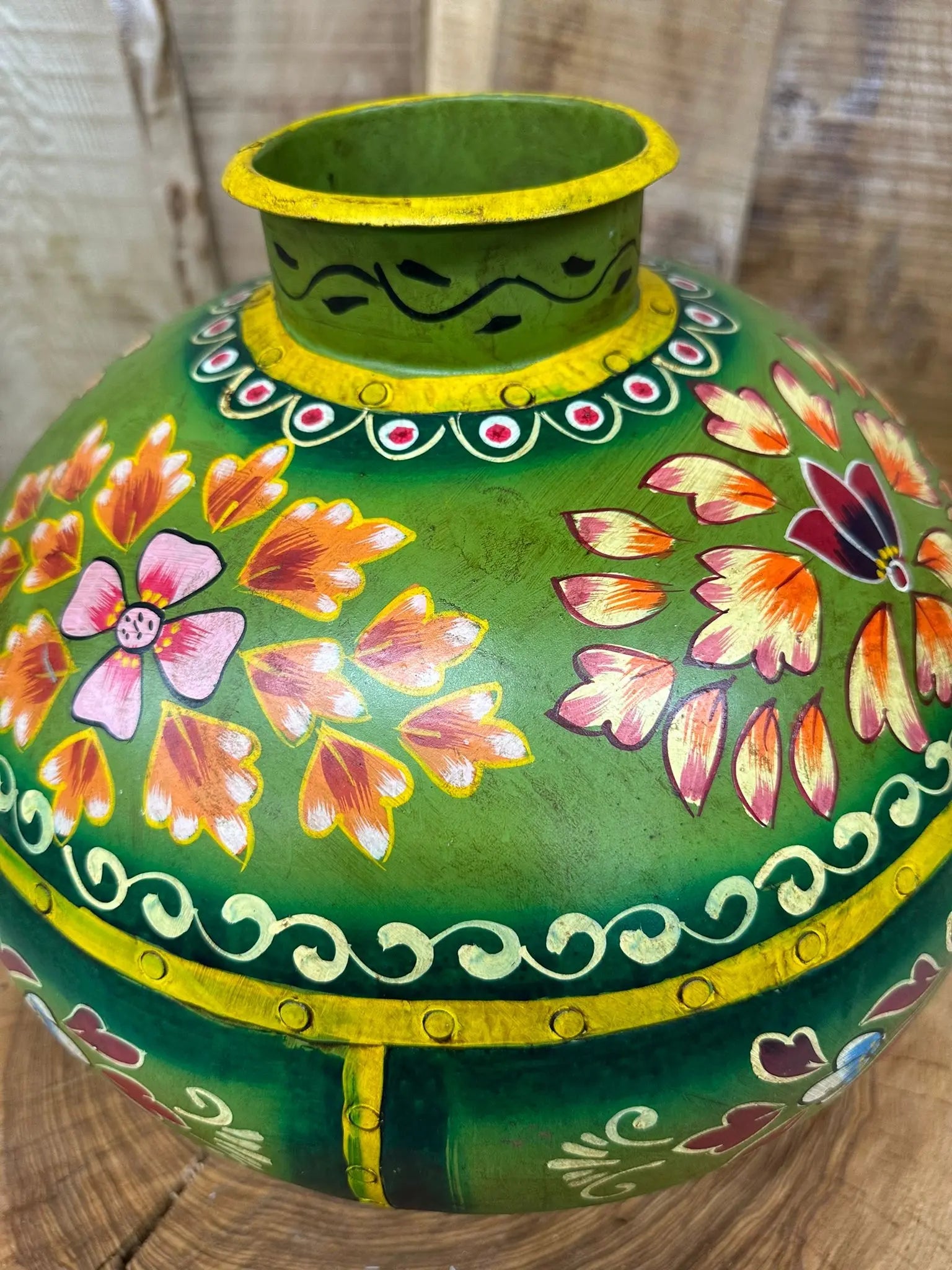 Vintage Indian Metal Water Pot – Hand Painted Rustic Planter Vase