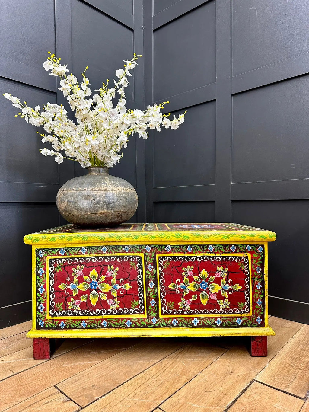 Vintage Indian Hand Painted Trunk | Red Floral Coffee Table Chest