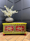 Vintage Indian Hand Painted Trunk | Red Floral Coffee Table Chest