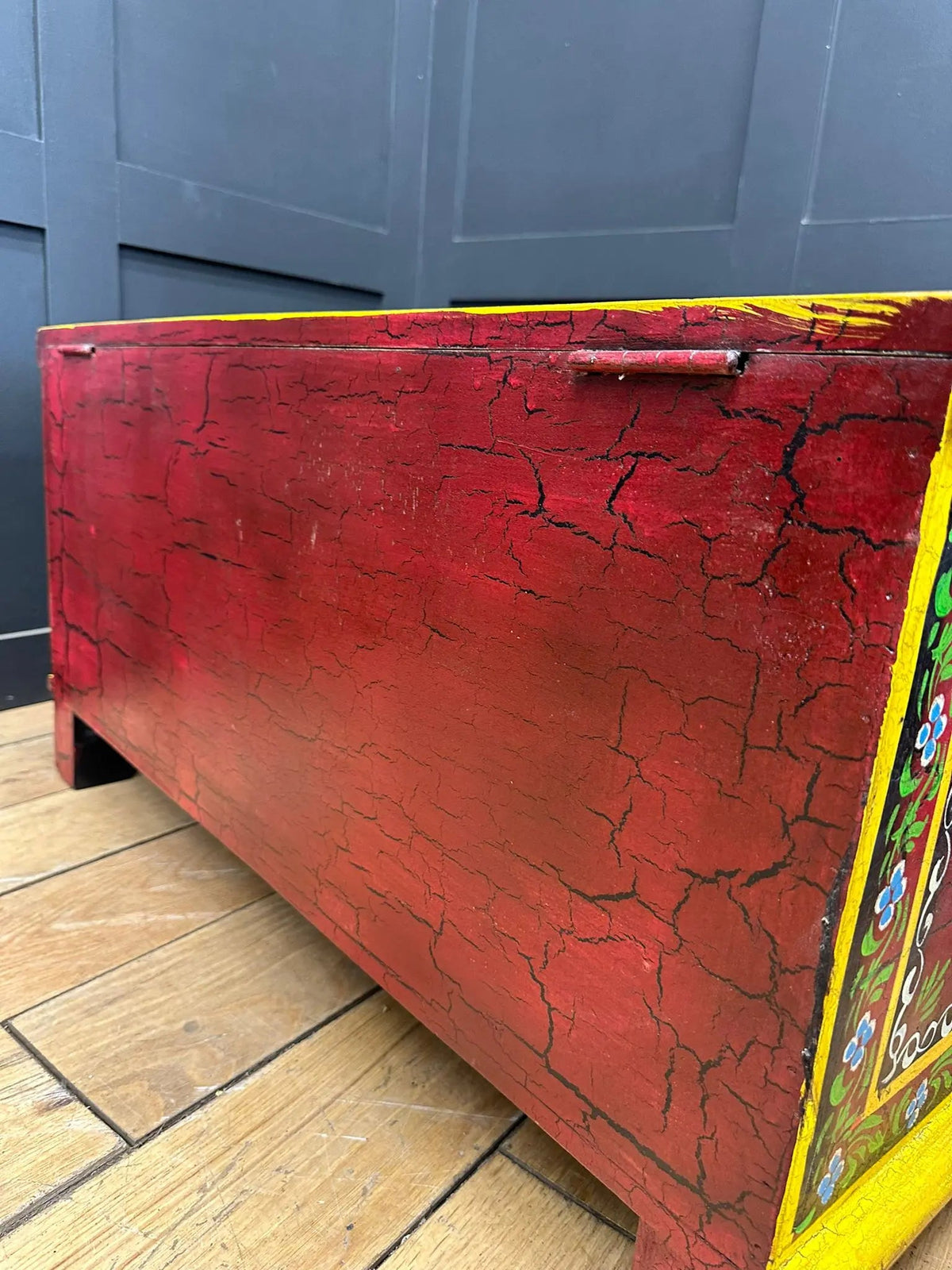 Vintage Indian Hand Painted Trunk | Red Floral Coffee Table Chest