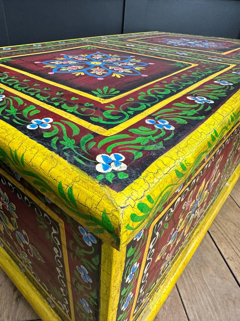 Vintage Indian Hand Painted Trunk | Red Floral Coffee Table Chest