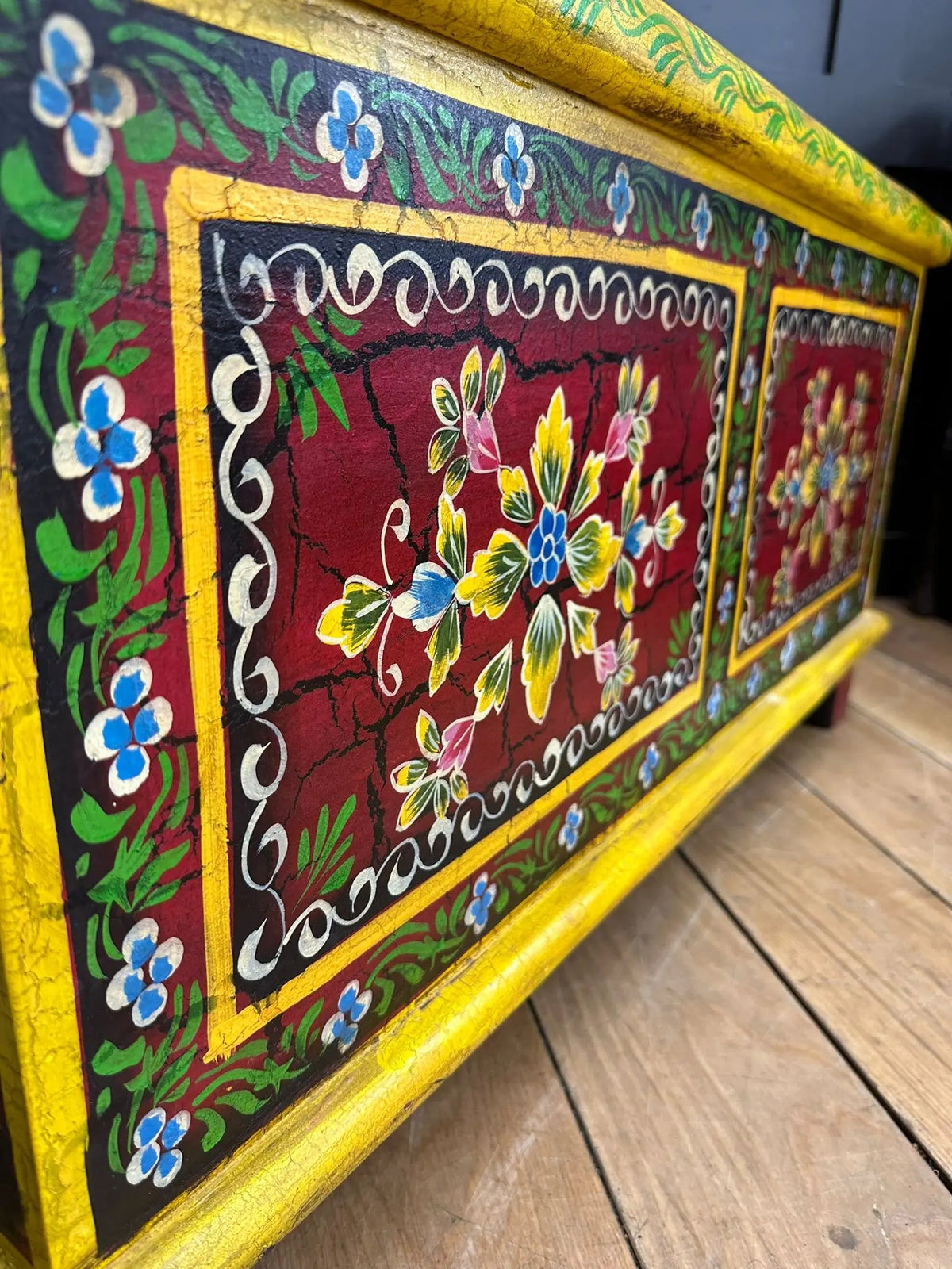 Vintage Indian Hand Painted Trunk | Red Floral Coffee Table Chest