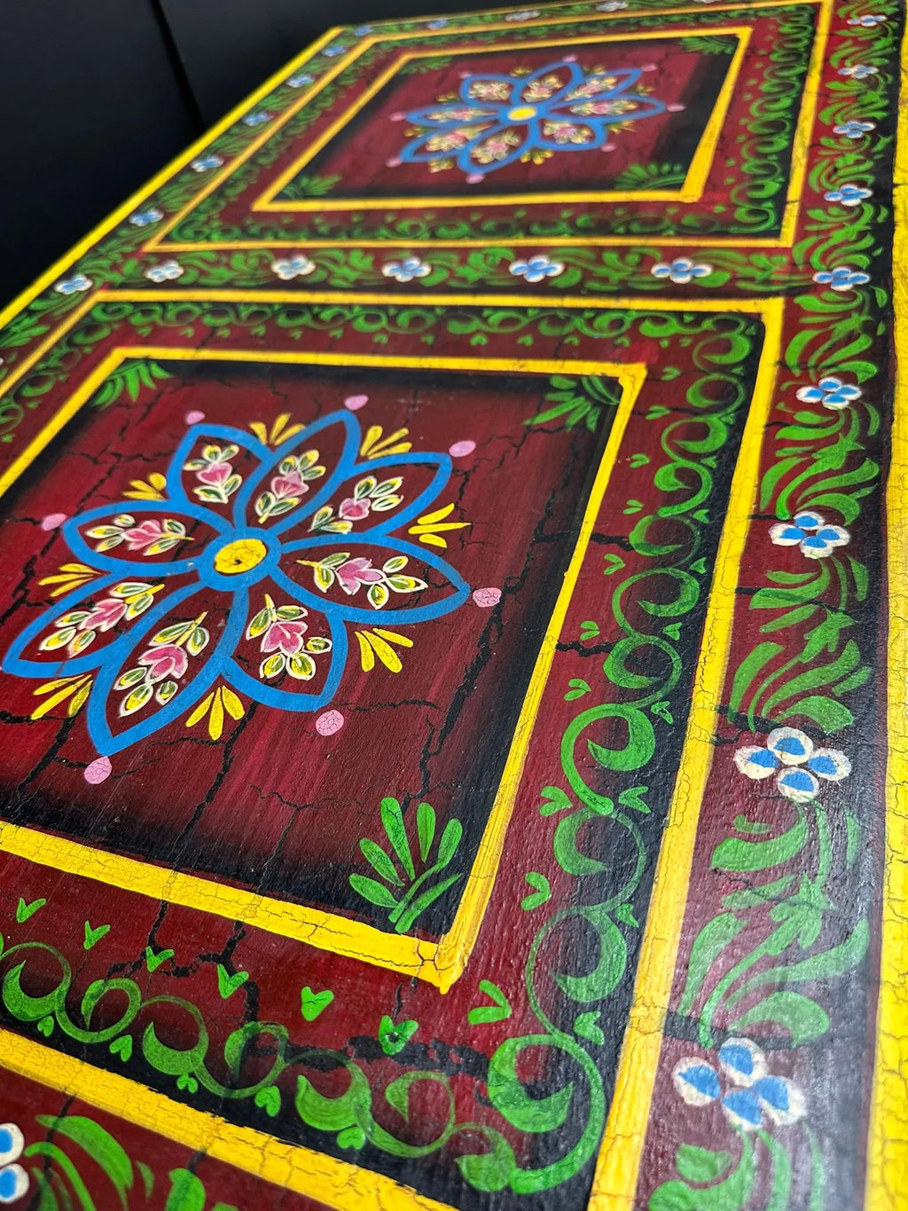 Vintage Indian Hand Painted Trunk | Red Floral Coffee Table Chest
