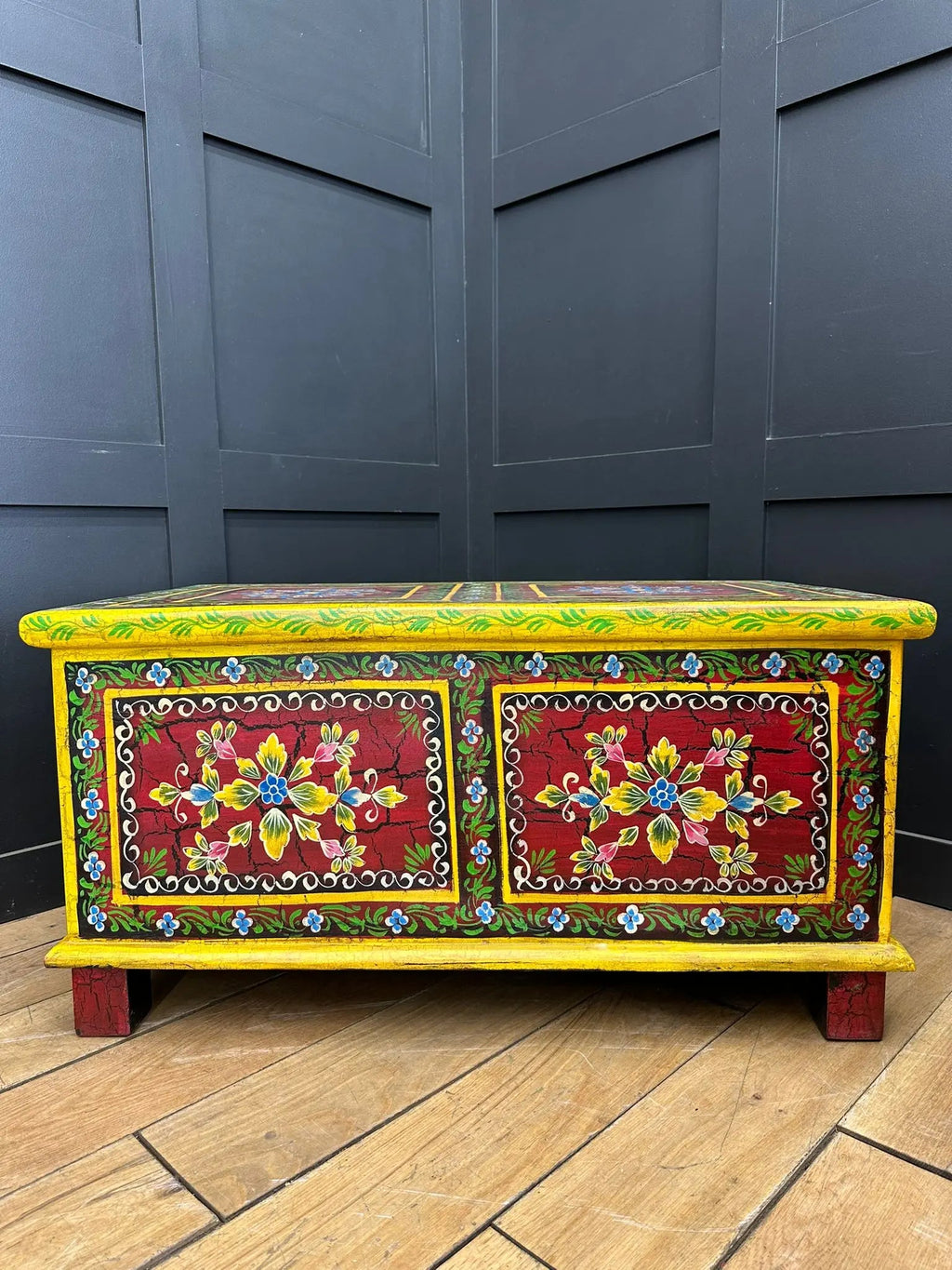 Vintage Indian Hand Painted Trunk | Red Floral Coffee Table Chest