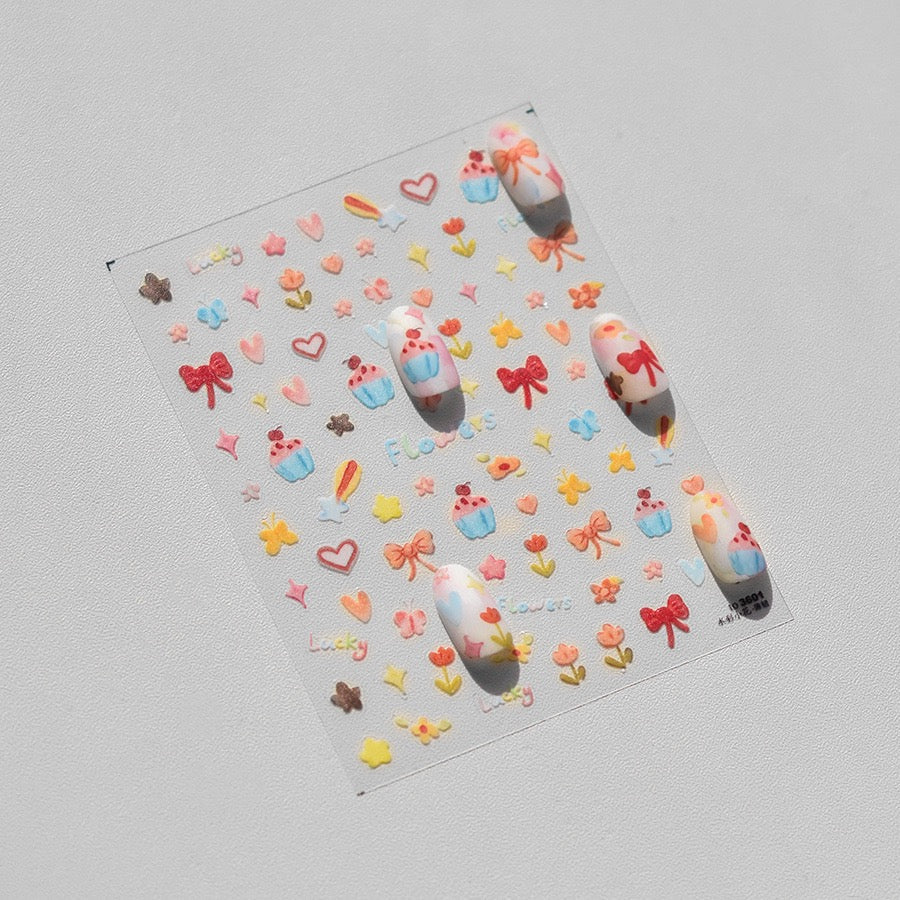 LuLuFun Studio Kawaii Bowknot Cake Flower Nail Art Deco Stickers - 1 Sheet
